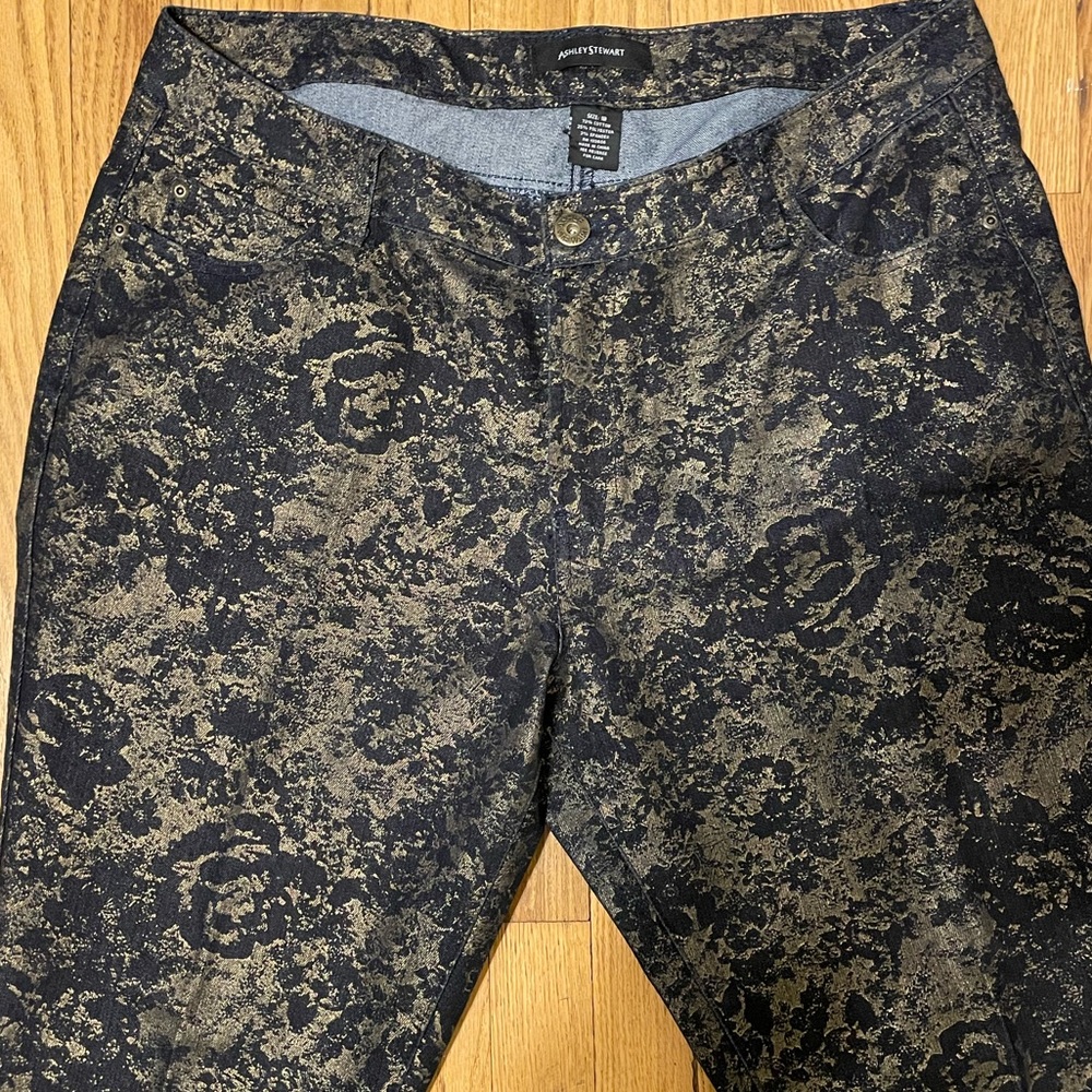 Ashley Steward Black & Gold Printed Denim Pants